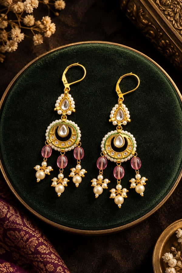 Green Meena Gold & White Pearl & Tourmaline Drop Dangler Earrings
