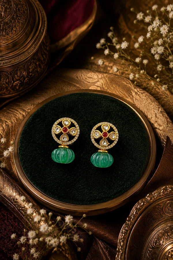 Flower Kundan Zirconia Green Jade Drop Earring Studs