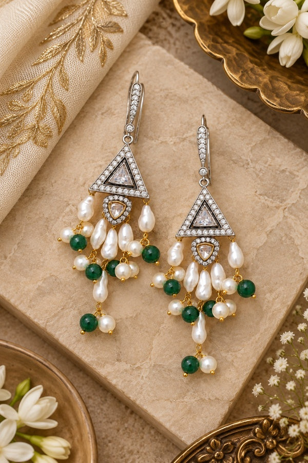 Triangle Zirconia Green Pearl Drop Dangling Earrings