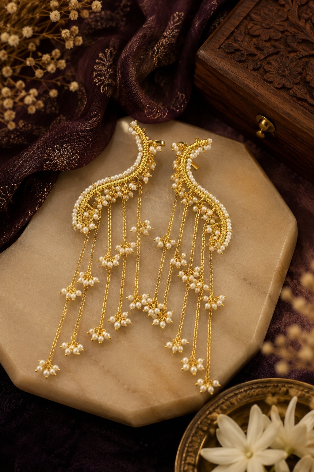 Long Chain Gold Finish Earcuff Earrings