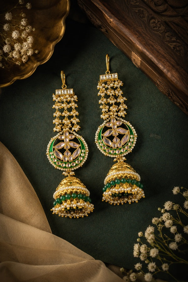 Emerald Bloom Kundan Meenakari Pearl Sahara Jhumki Dangler Earrings