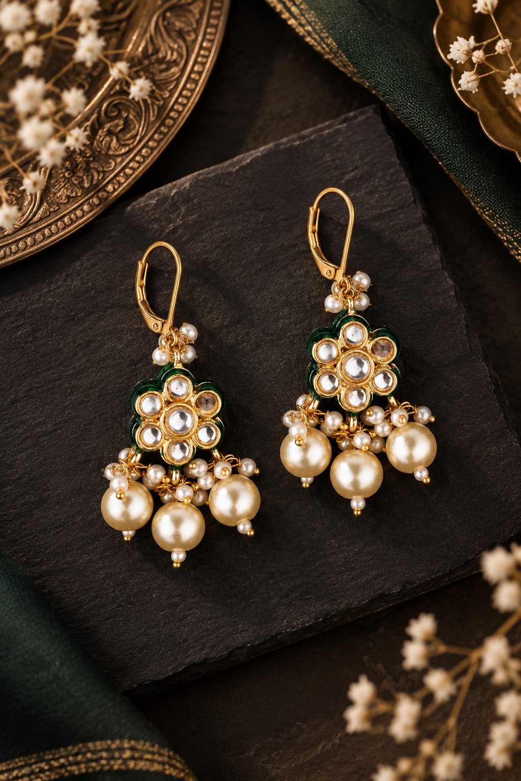Pearl Drop with Flower Motif Kundan Earrings