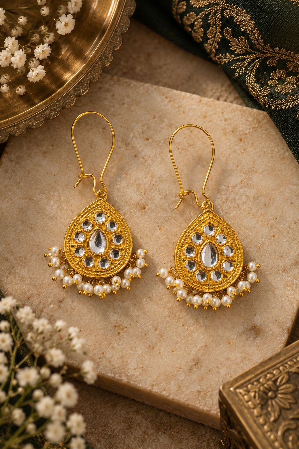 Gold & White Kundan Drop Earrings With Pearls