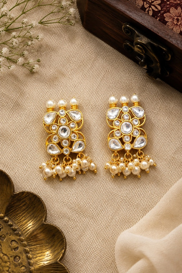 Pearl Drop Gold & White Kundan Earrings