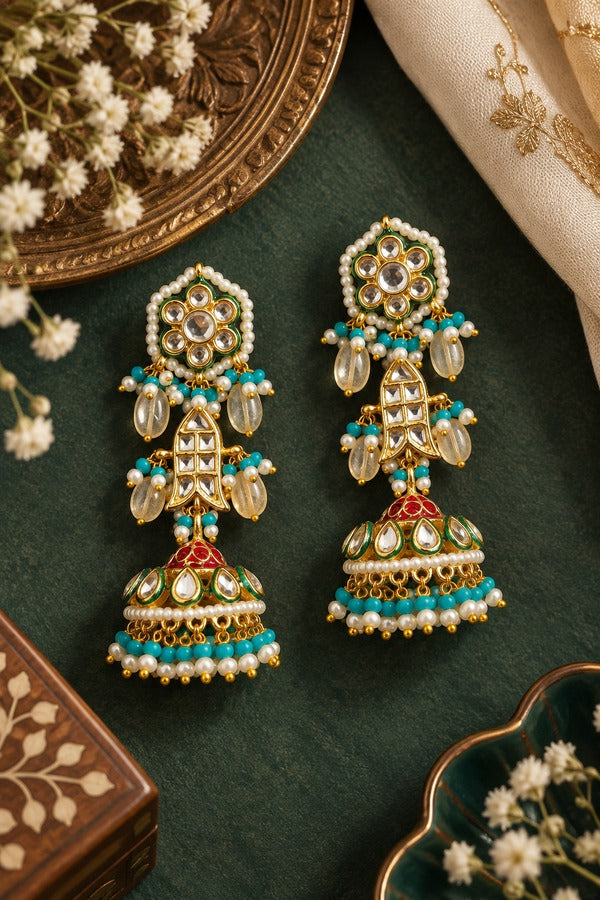Turquoise with Yellow Beads Fish Motif Kundan Jhumki Earrings