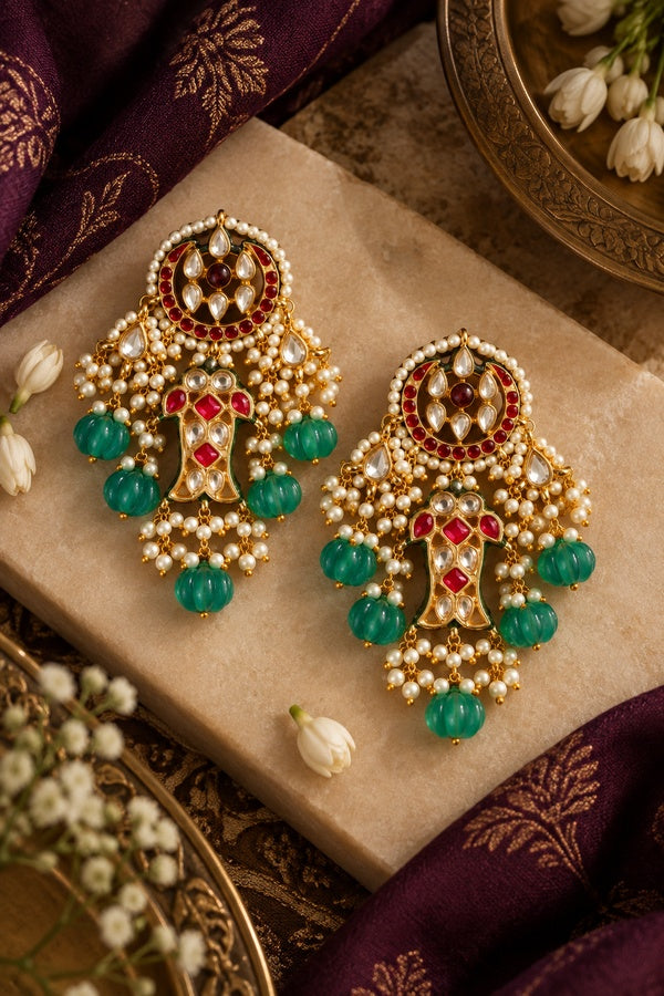 Pink Crescent Red Kundan Fish Green Drops Dangler Earrings