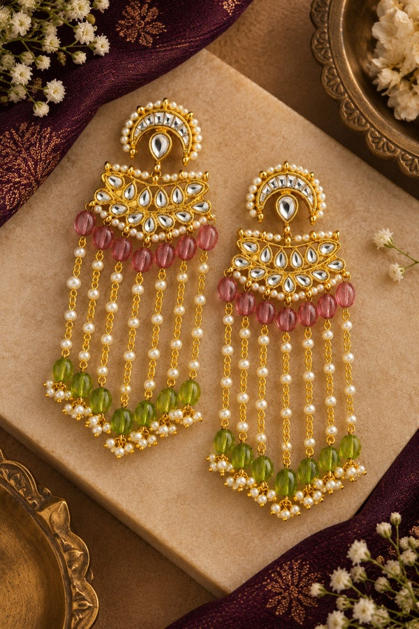 Statement Pink & Green Tourmaline Kundan Earrings