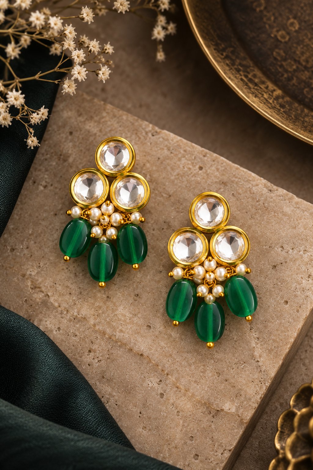 Green Triad Kundan Earrings