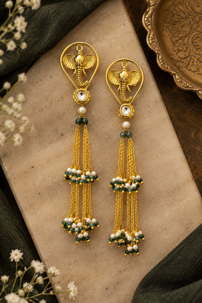 Ethnic Gold Plated Green & White Pearls Dangler Earrings