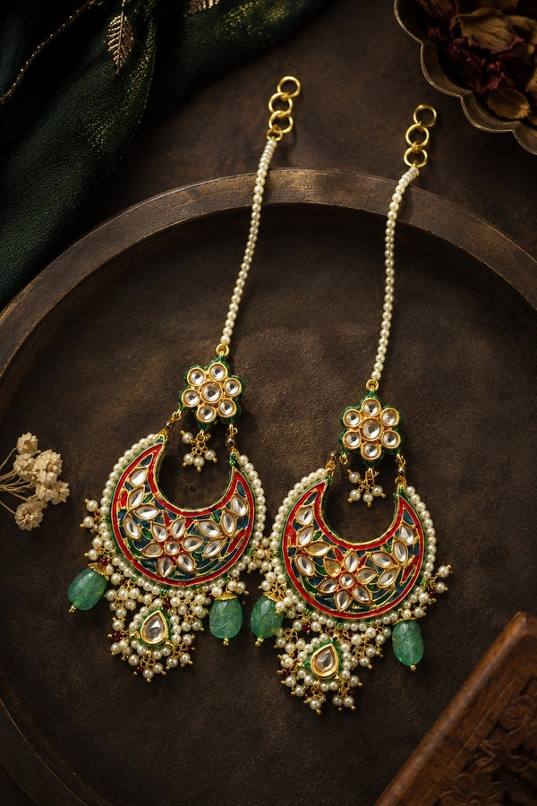 Multi Meena Pearl Stones Kundan Chandbali Dangler Earrings