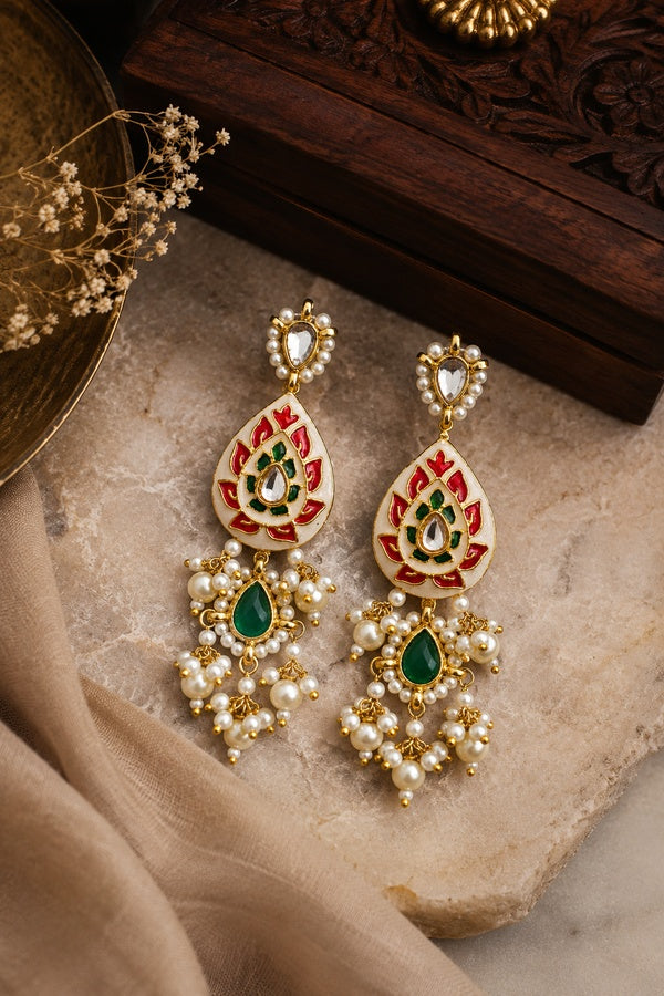 Green Red Meena Green Kundan Pearl Drop Earrings
