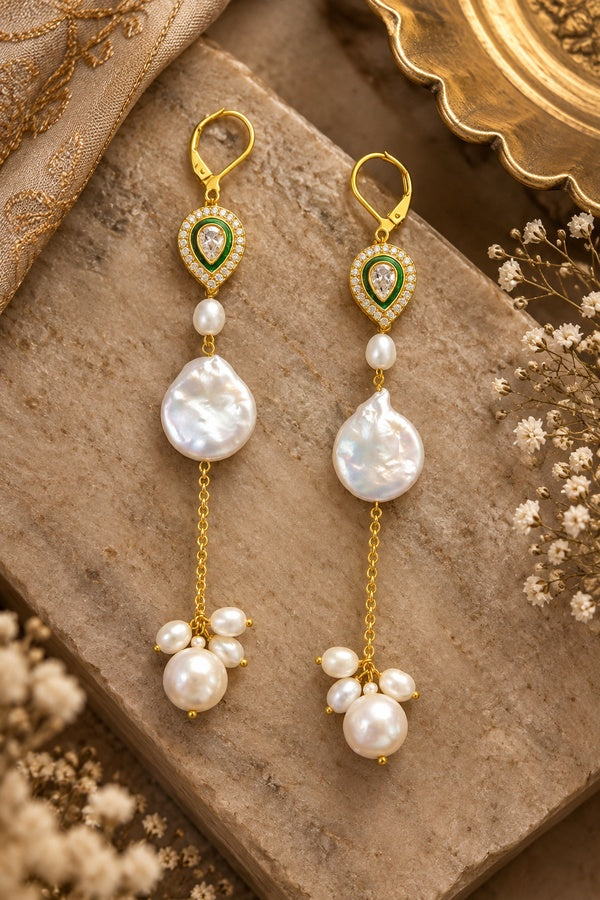 Green Zirconia Pearl Drops Dangler Earrings