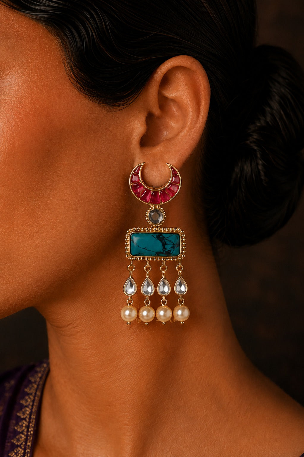 Pink Crescent Turquoise Center Kundan Pearl Drop Earrings