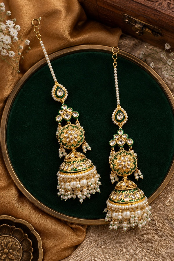 Green Enamel & Kundan Green Drop Jhumki Earrings
