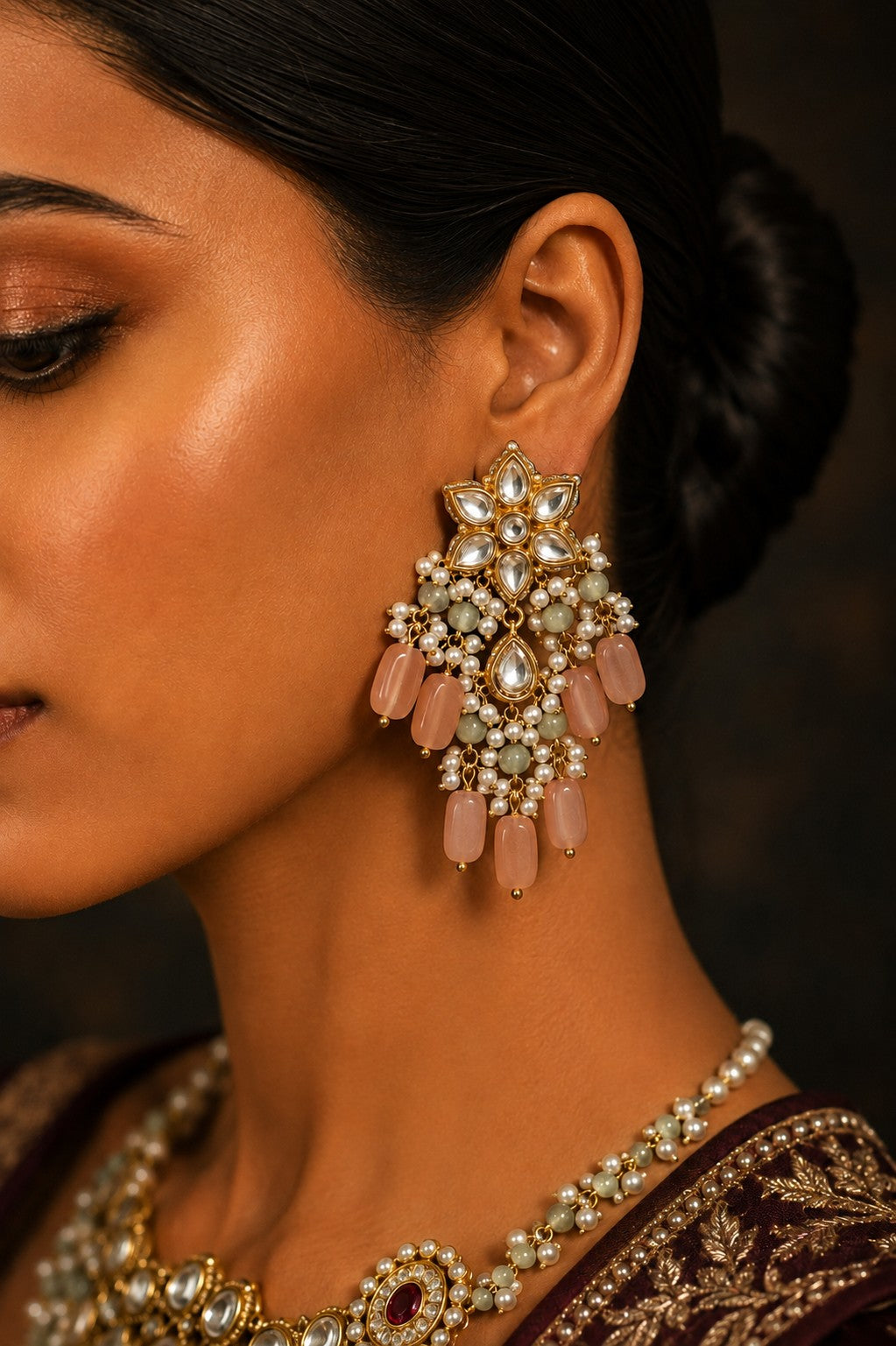 Pink Moonstone Green Jade Flower Kundan Earrings