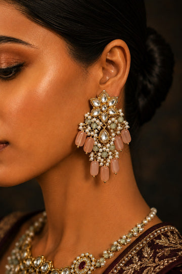 Pink Moonstone Green Jade Flower Kundan Earrings