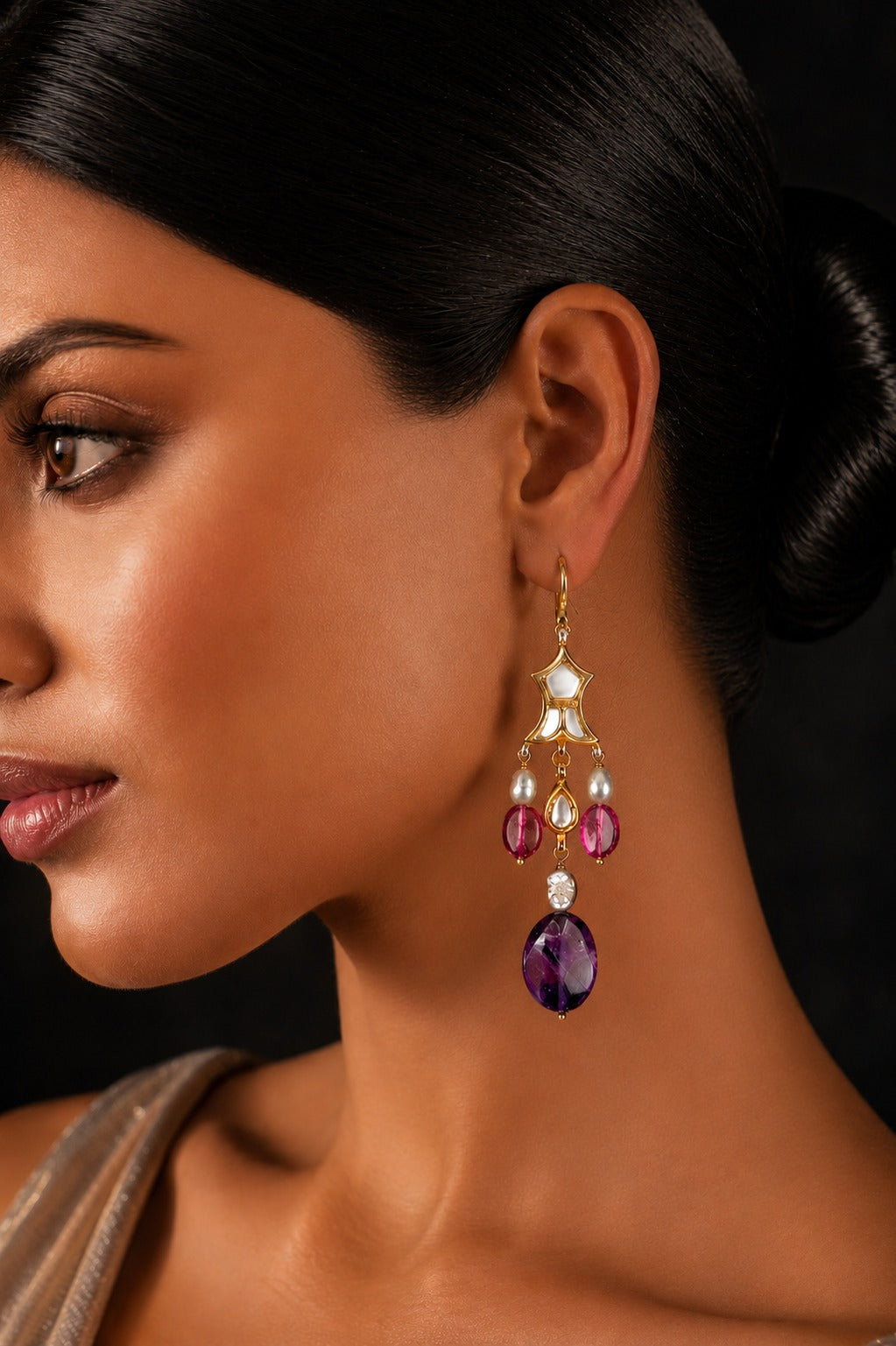 Gold Finish Pink Amethyst Tourmaline Kundan Drop Earrings