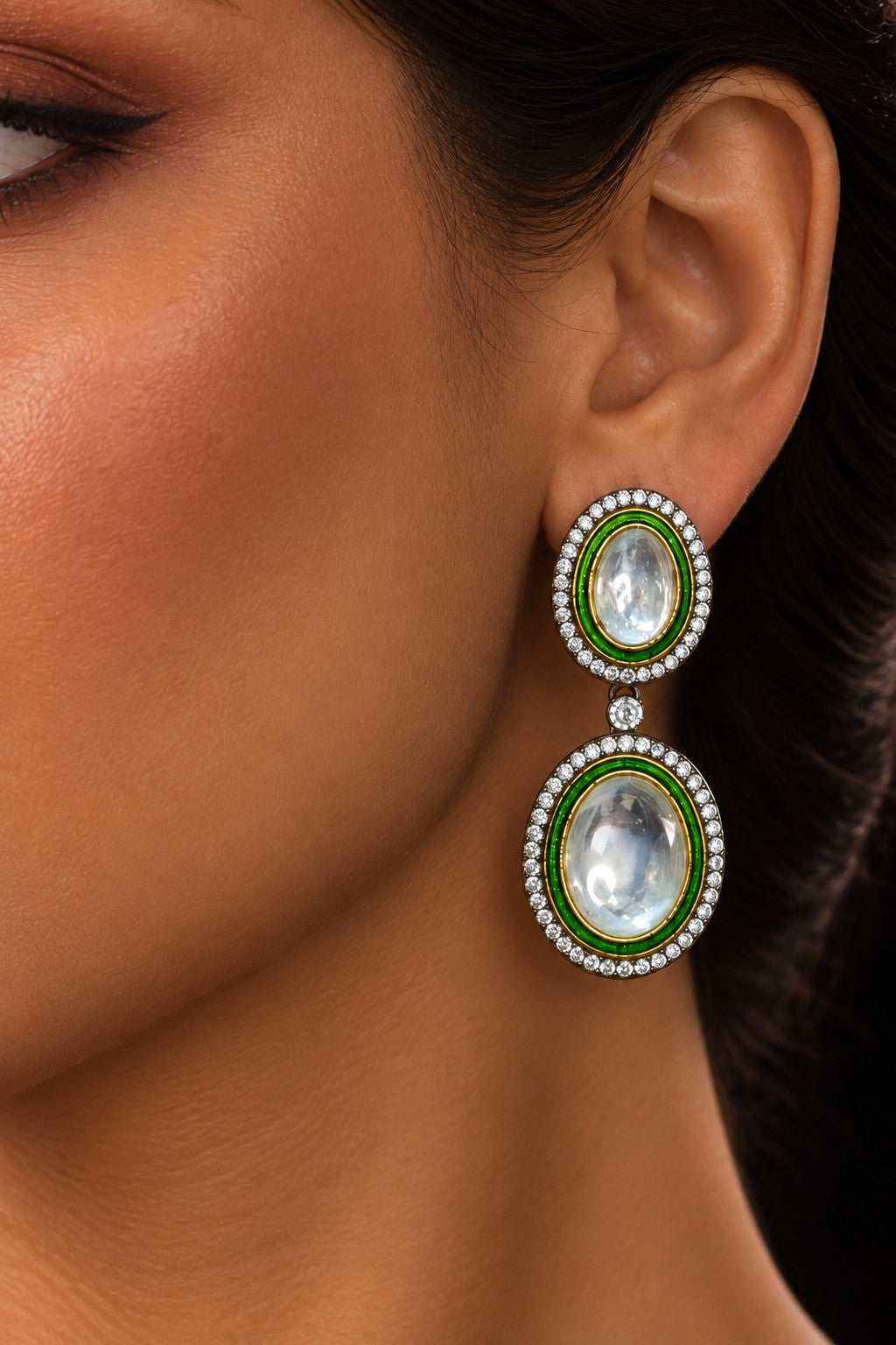 Green Zirconia Kundan Drop Earrings
