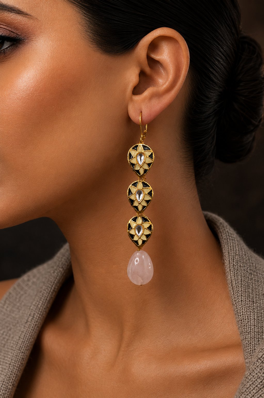 Triple Black Rose Quartz Danglers
