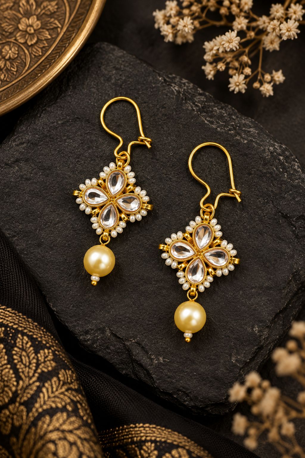 White Kundan Pearl Drop Danglers Earrings