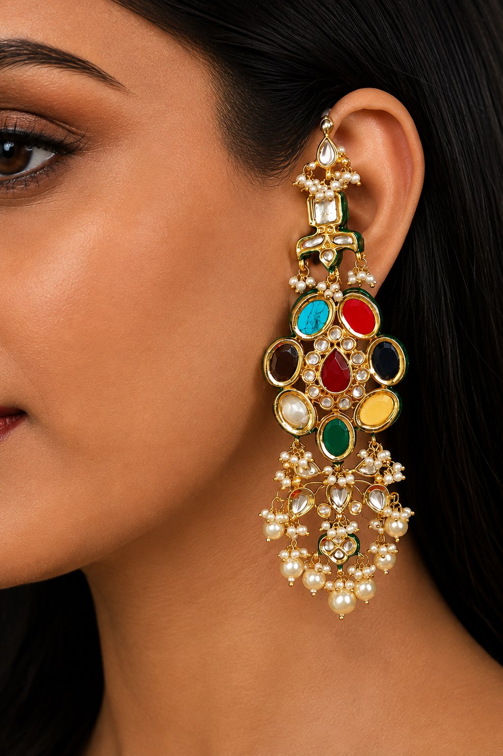 Long Kundan Navratan Danglers