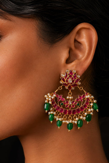 Pink Kundan Jadau Chandbali With Green Drops