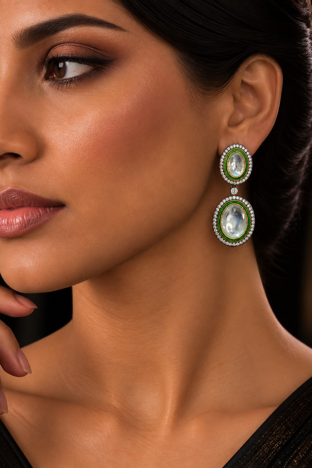 Green Zirconia Kundan Drop Earrings