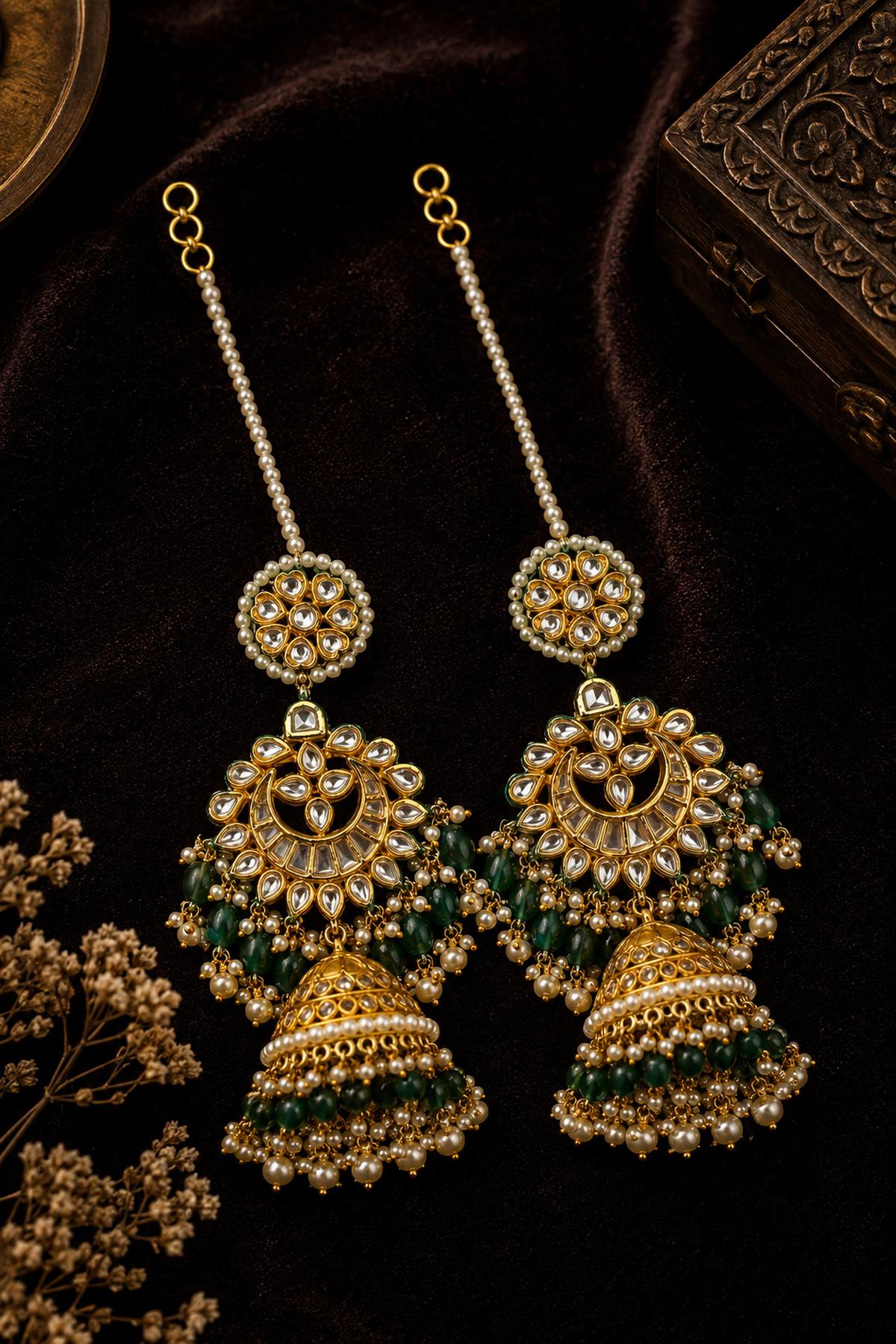 Statement Gold Green Emeralds & Pearls Jhumki Earring