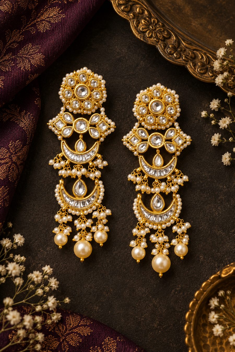 Golden Kundan Chand Pearls Danglers Earrings