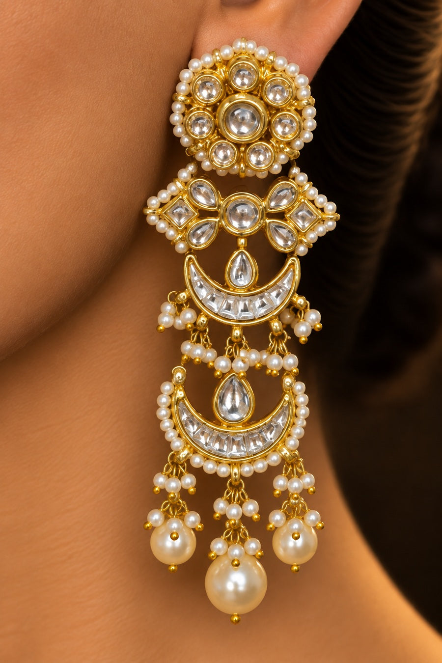Golden Kundan Chand Pearls Danglers Earrings
