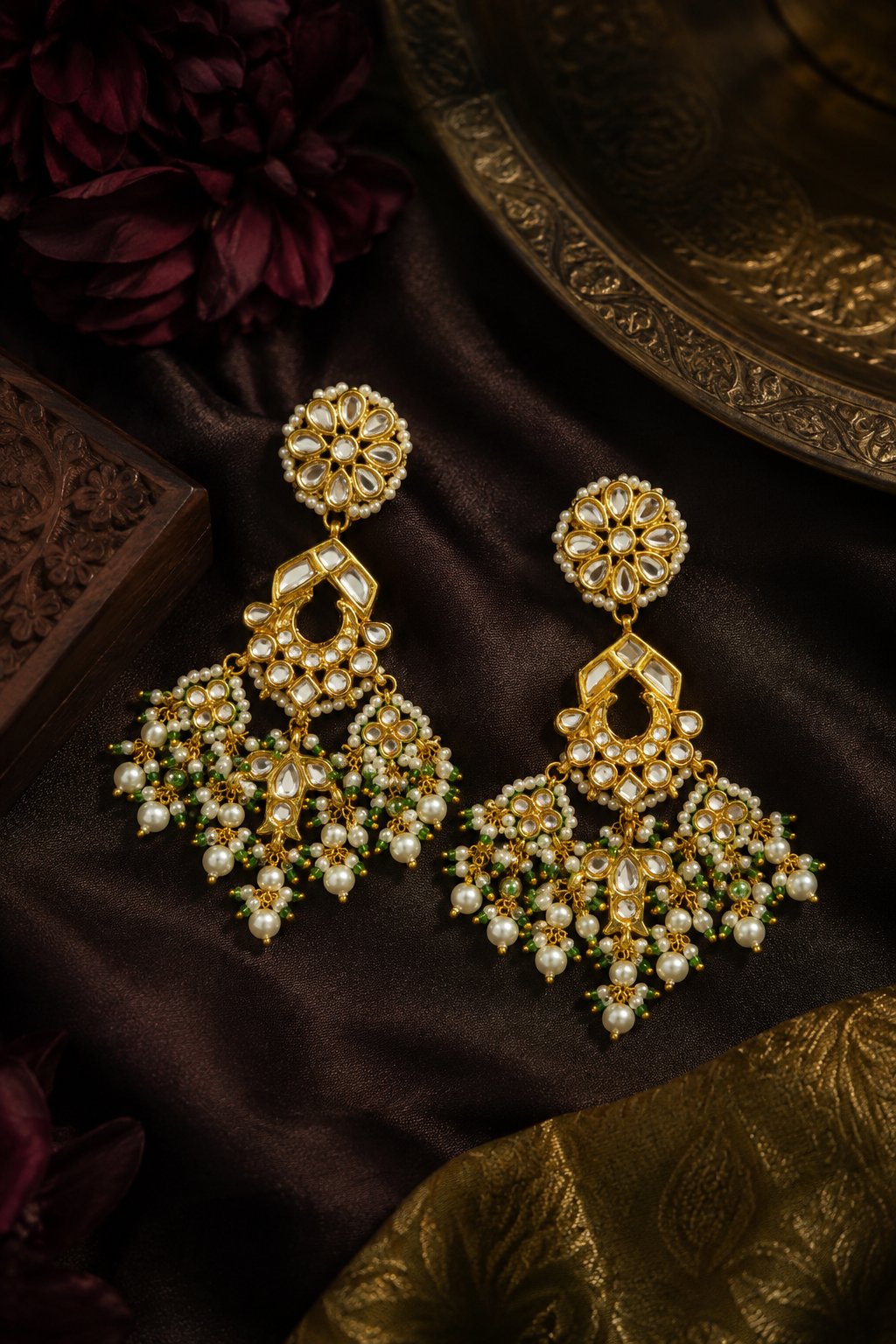 Gold & White Fish Motif Green & White Pearls Earrings