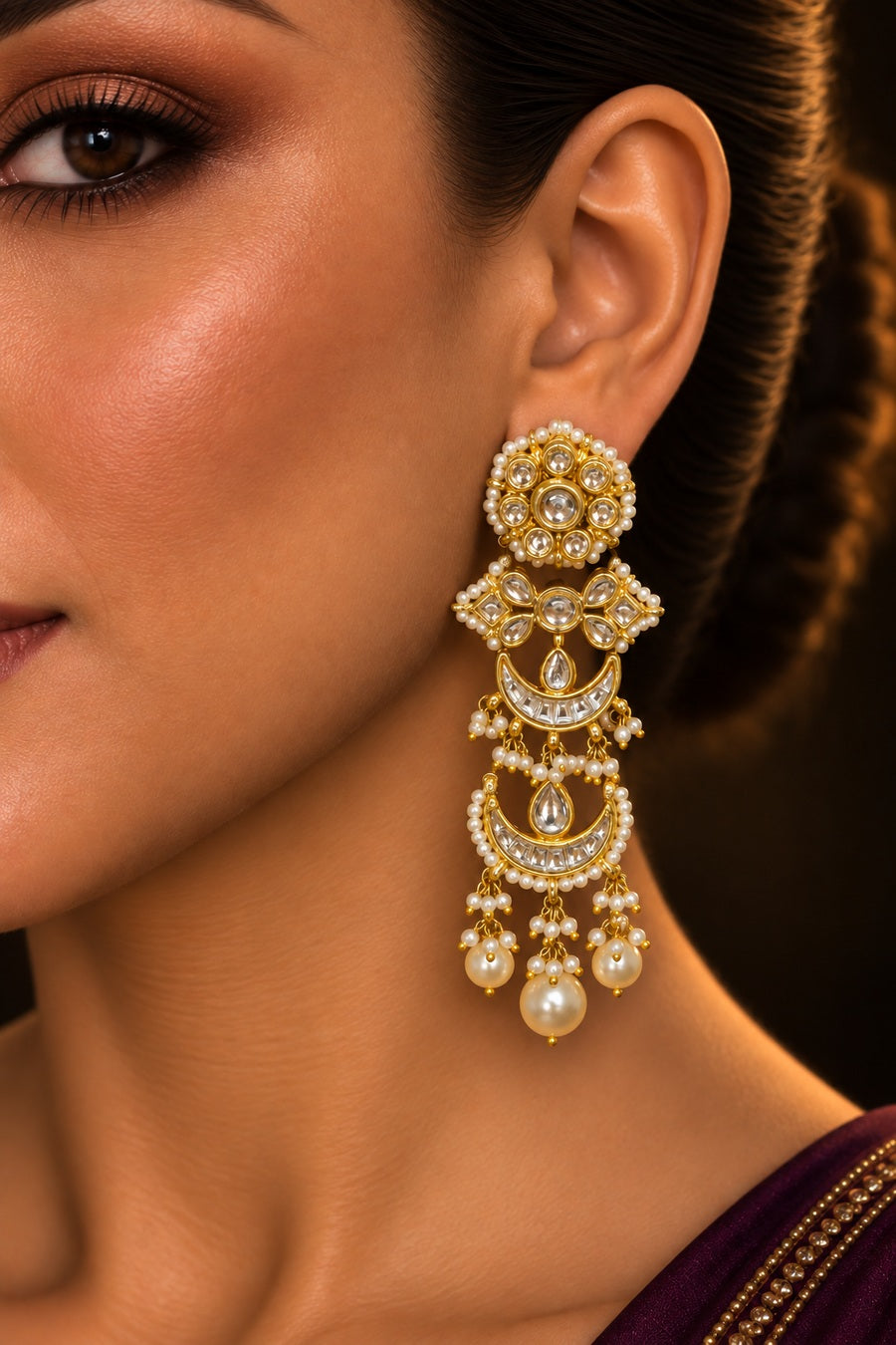 Golden Kundan Chand Pearls Danglers Earrings
