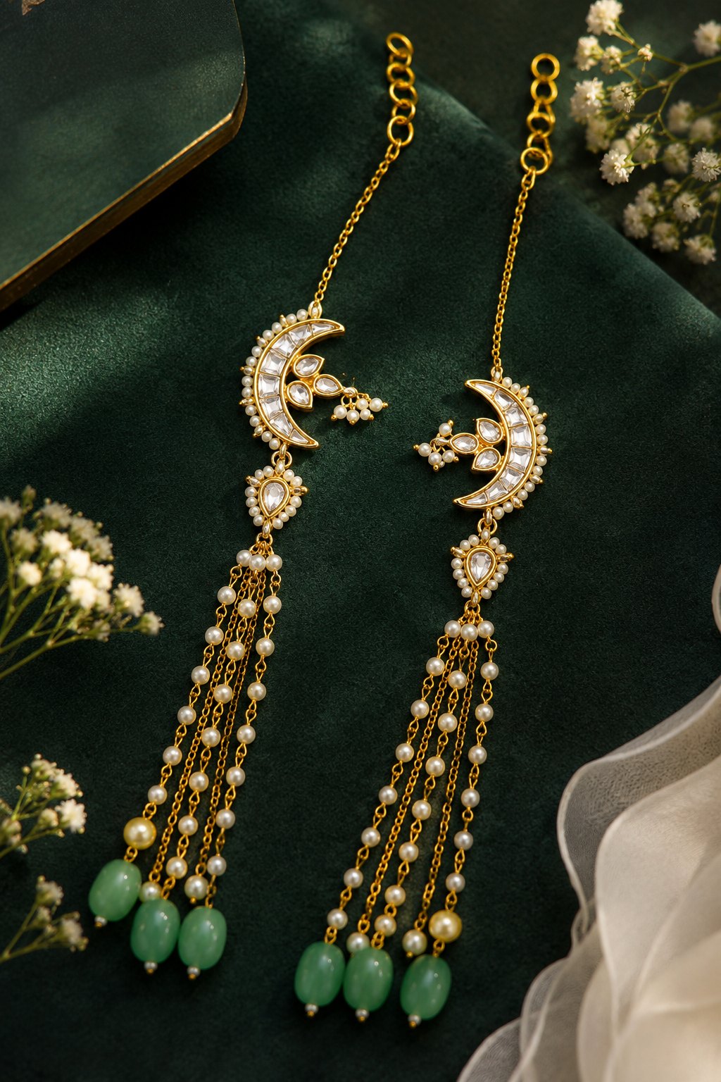 Gold & White Kundan Crescent Emerald Drops Dangler Earrings