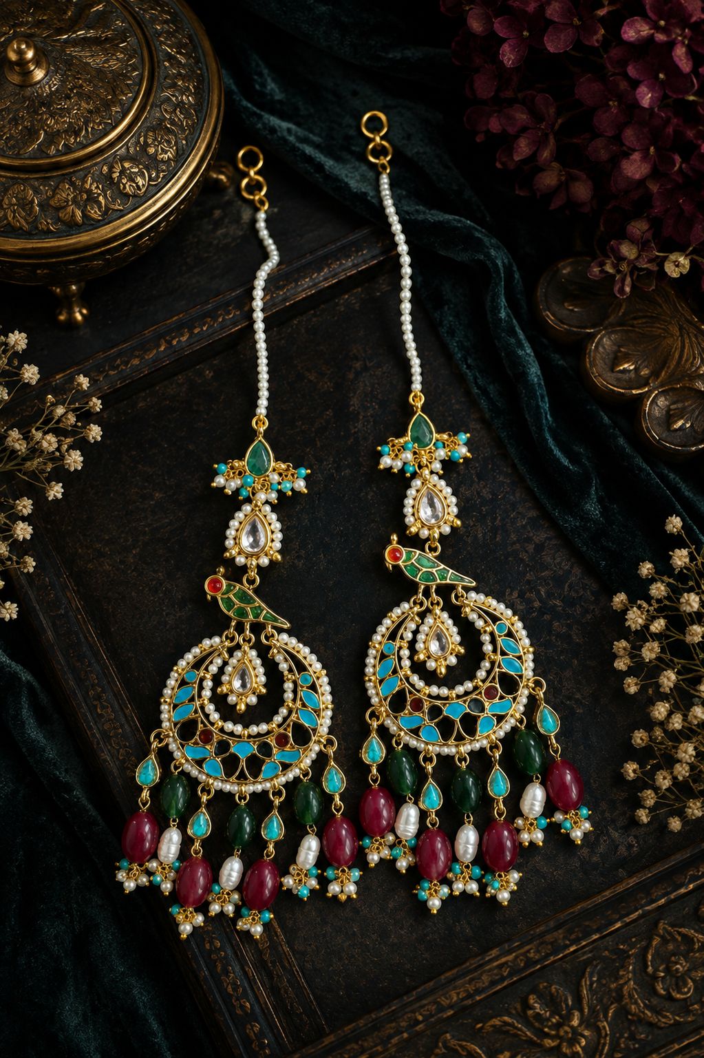 Ethnic Red Green Feroza Meena Red & Green Drops Chandbali Earrings