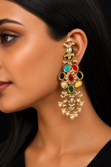 Long Kundan Navratan Danglers