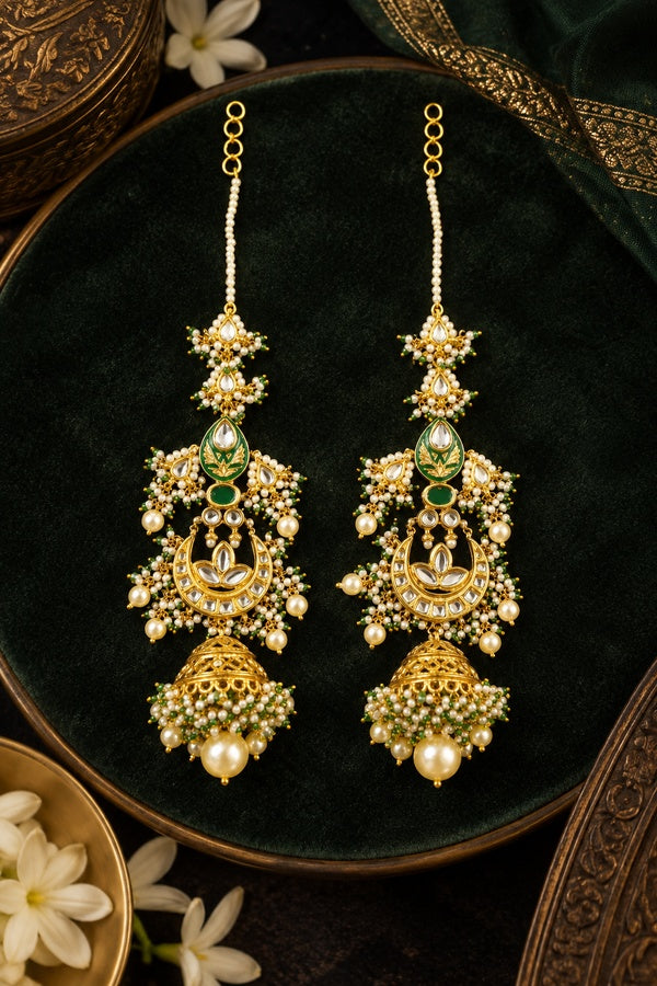 Green Enamel & Kundan Chand Pearl Drop Jhumki Earrings