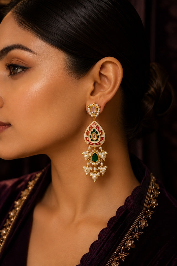 Green Red Meena Green Kundan Pearl Drop Earrings