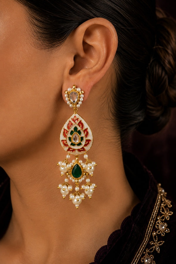 Green Red Meena Green Kundan Pearl Drop Earrings