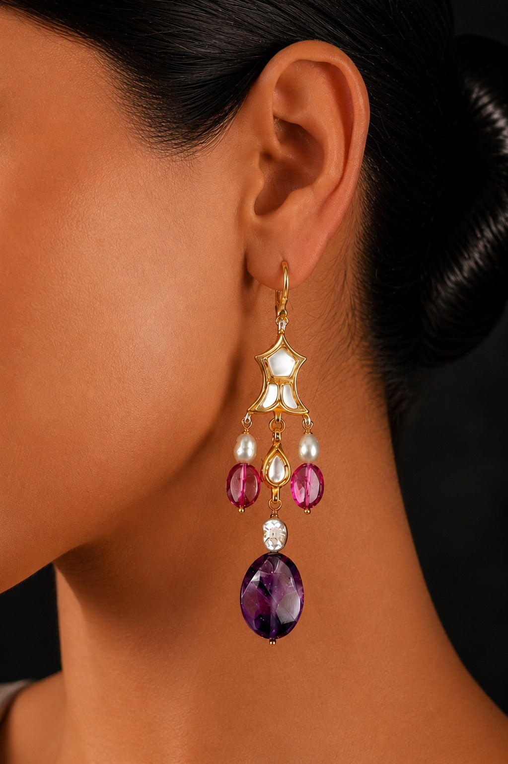 Gold Finish Pink Amethyst Tourmaline Kundan Drop Earrings