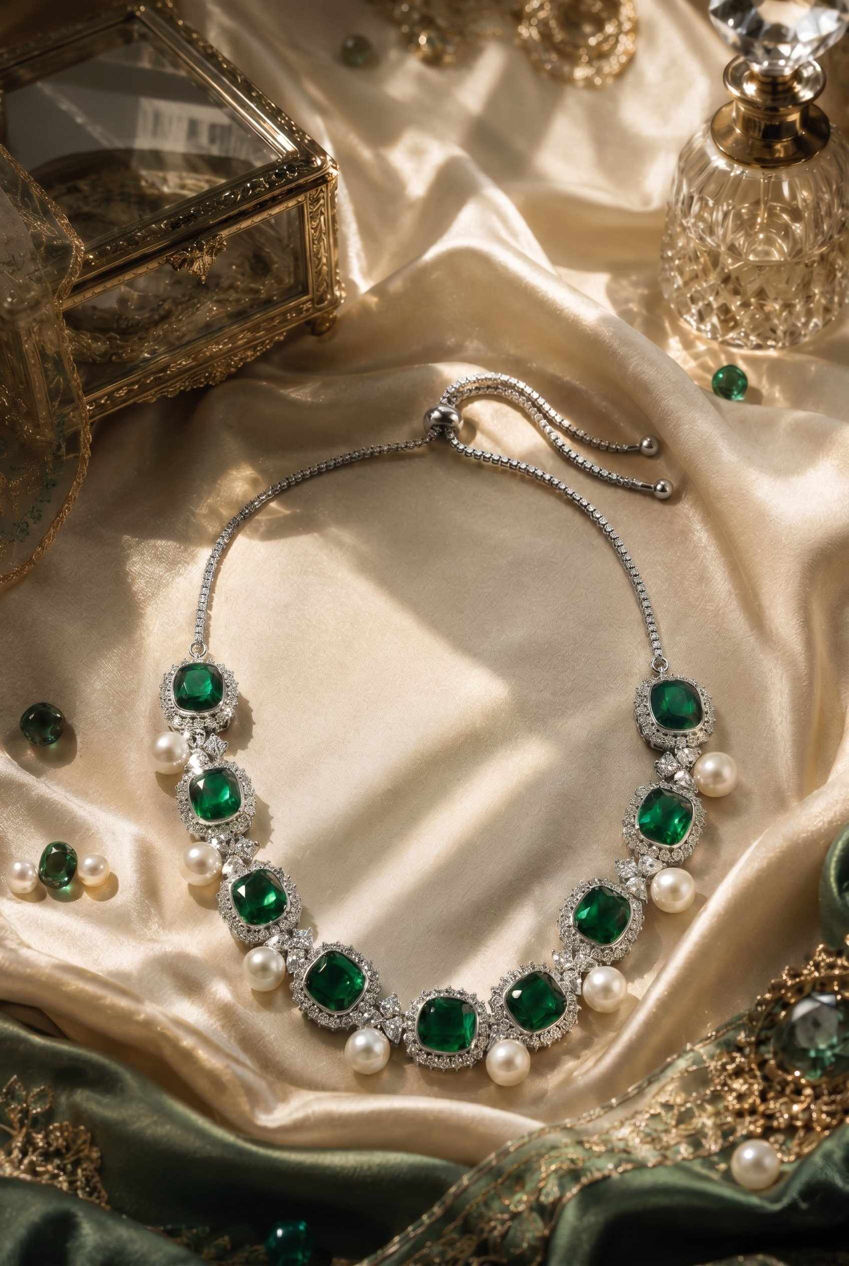 Green Doublet Stone & Pearls Necklace