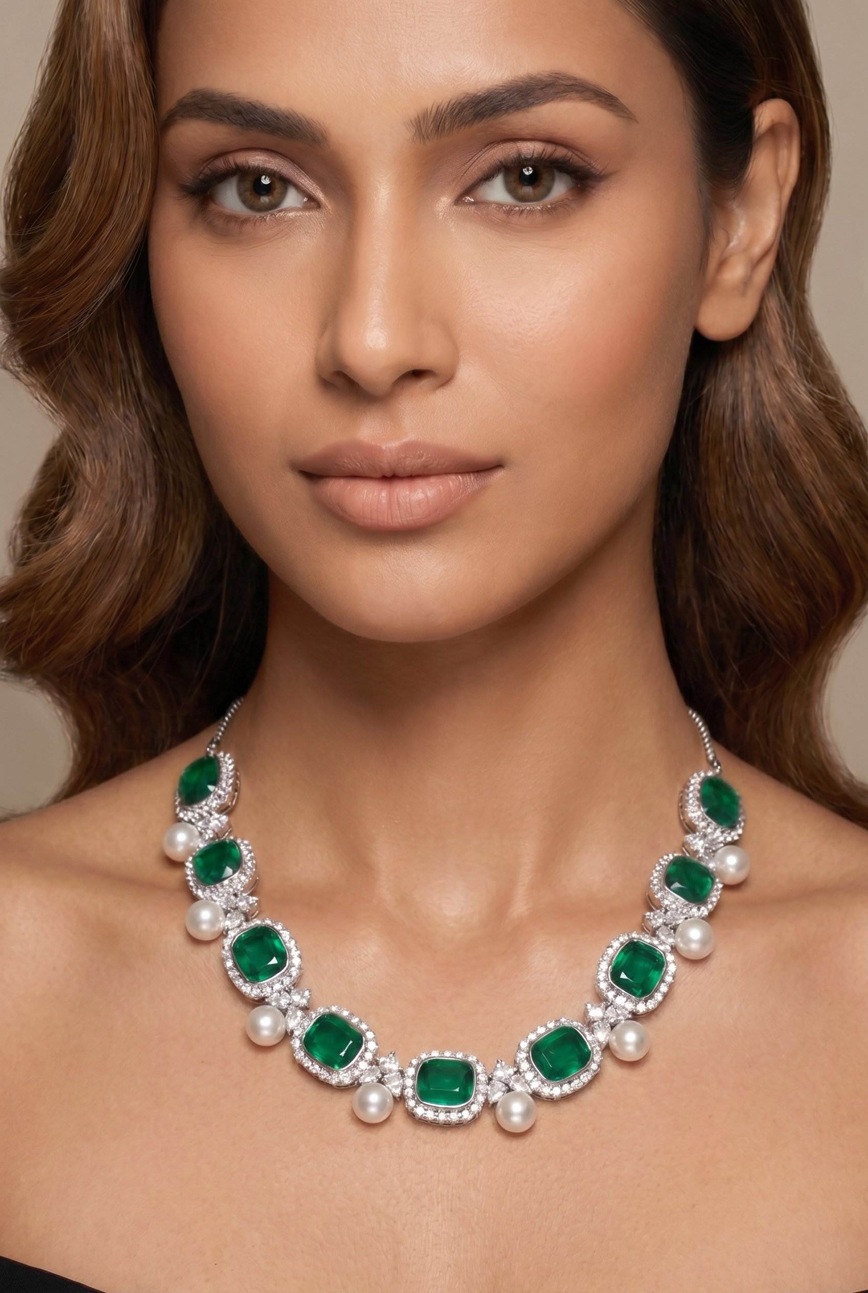 Green Doublet Stone & Pearls Necklace