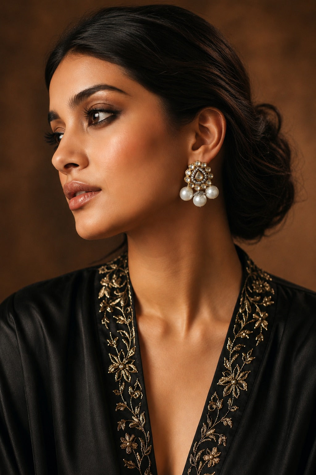 Gold & Silver Finish Zircon Pearl White Dangler Earrings