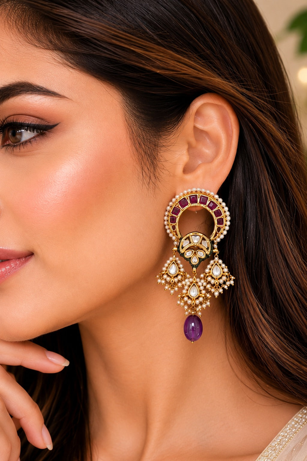 Red Kundan with Amethyst Drop Earrings