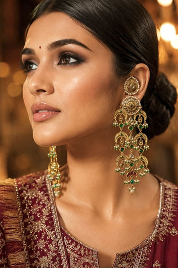 Statement Antique Gold & White Green & Red Kundan Earrings