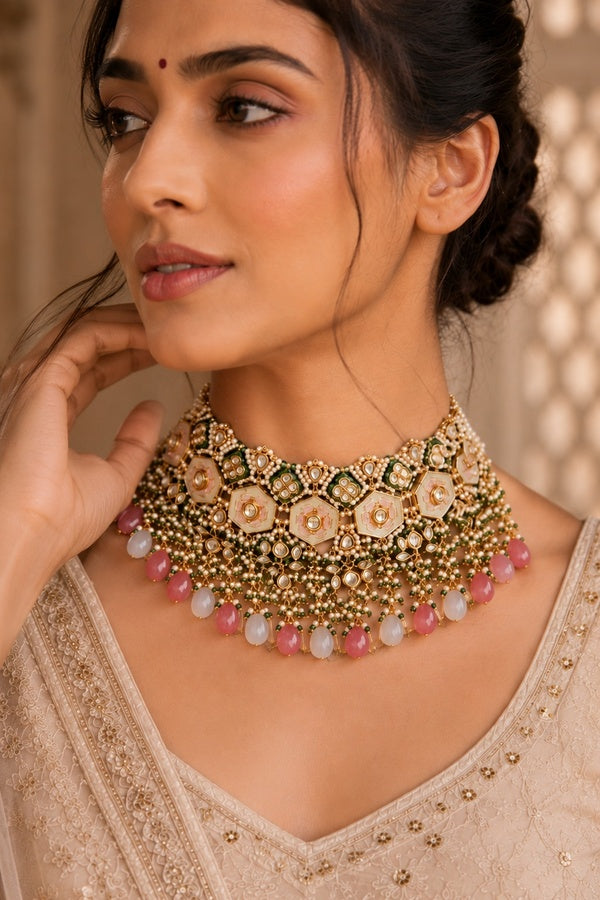 Green Meenakari with Red & Green Stones Kundan Choker Necklace