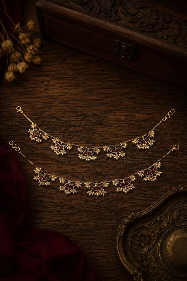 Red Meena Chand Pearls Drops Anklet