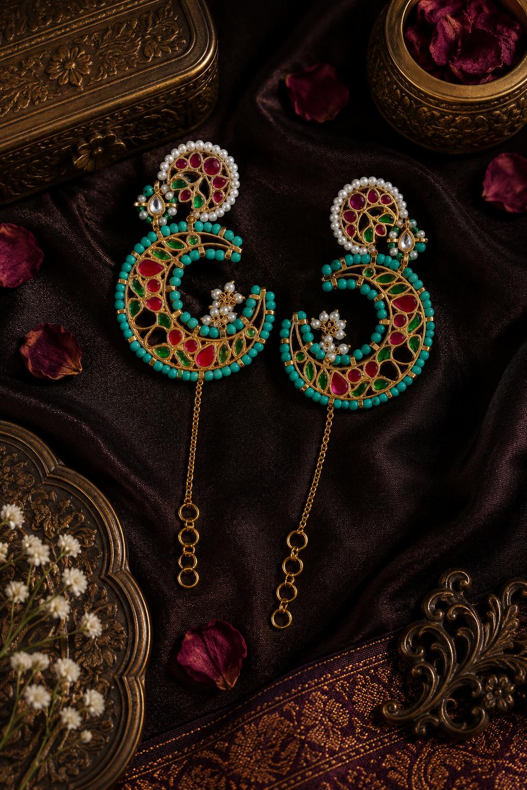 Gold Finish Red & Green Kundan Feroza Pearl Earcuffs