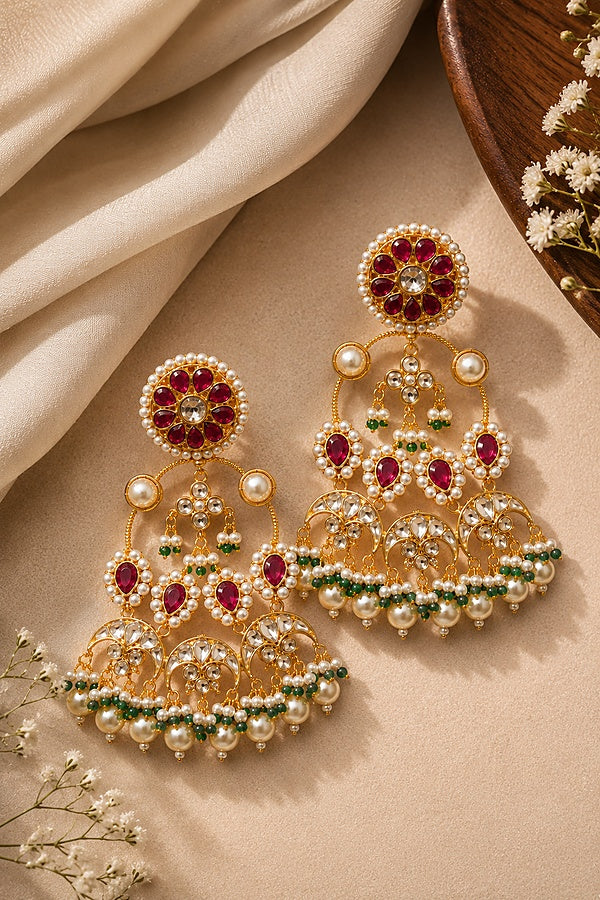 Statement Red Kundan Pearl Drops Chandbali