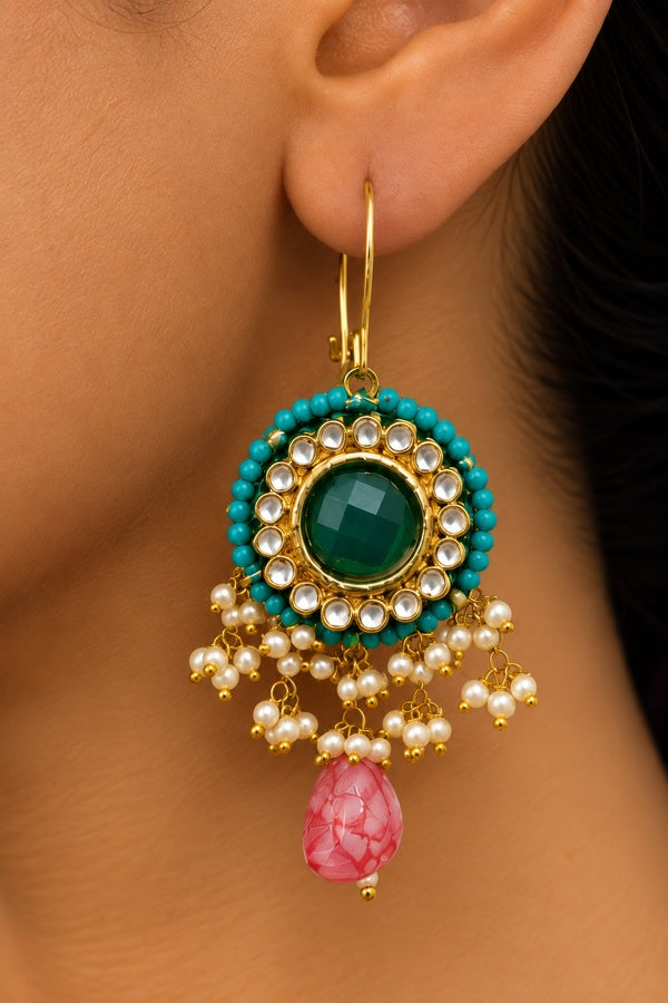 Blue Feroza Pearls Green Center Pink Drop Dangler Earrings
