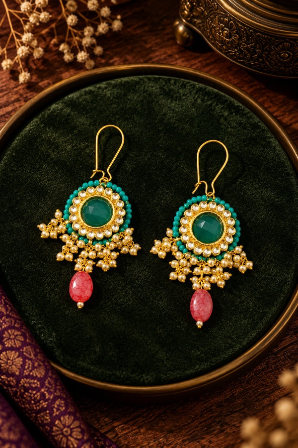 Blue Feroza Pearls Green Center Pink Drop Dangler Earrings